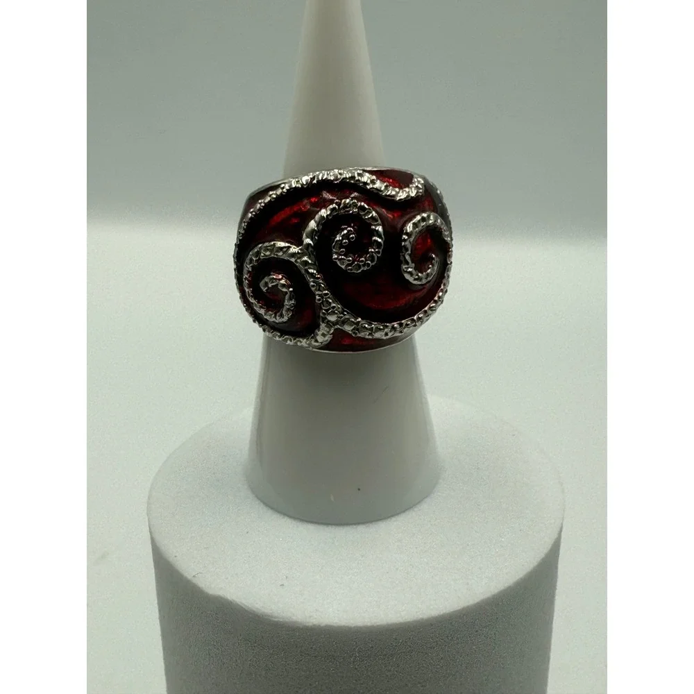 Red Enamel Silver Tone Swirl Statement Cocktail Dome Ring Size 7.5